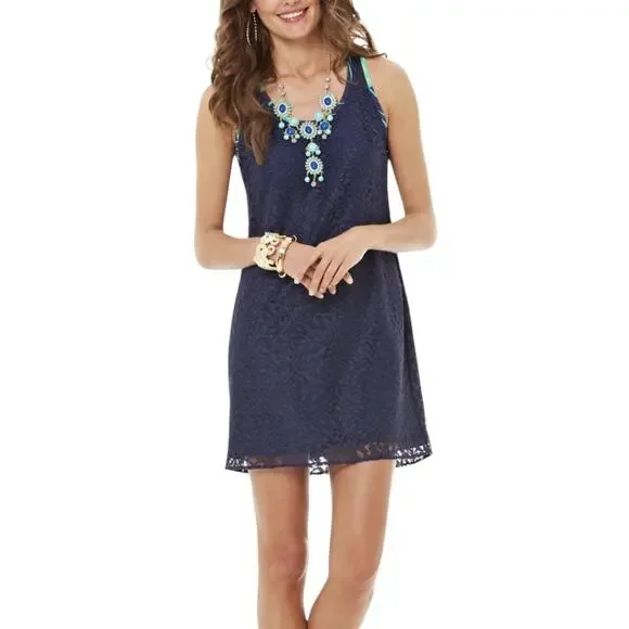 Lilly Pulitzer Womens Sz Small True Navy Jungle Betty Lace Racerback Tank Dress - Picture 2 of 8
